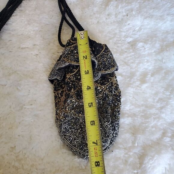 Vintage Black & Golf Beaded Draw String Hand Bag - Picture 3 of 8
